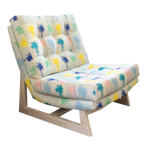 Pom Poms Romeo Chair KR Furniture Collection. Super comfortable oversized and armless accent chairs in linen fabric for modern casual home decor with cherry wood frame, bleached brown by Kerri Rosenthal