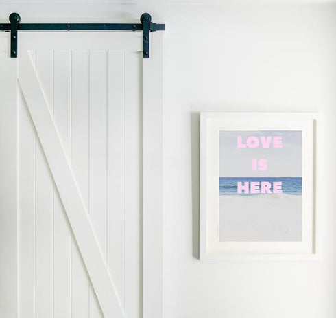 Love Is Here Beach Vertical pink art print by Kerri Rosenthal - Wall word art framed unique artwork for living room wall decor