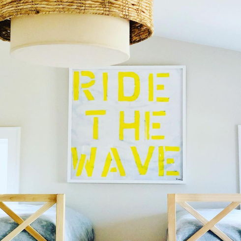 Ride The Wave white yellow word art print by Kerri Rosenthal - Unique artwork for living room wall decor