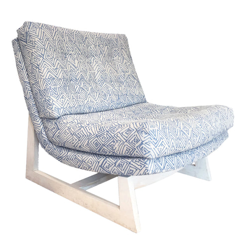 Jayney Dutch Blue Linen Romeo Chair KR Furniture Collection. Super comfortable oversized and armless accent chairs in linen fabric for modern casual home decor with cherry wood frame, bleached white by Kerri Rosenthal