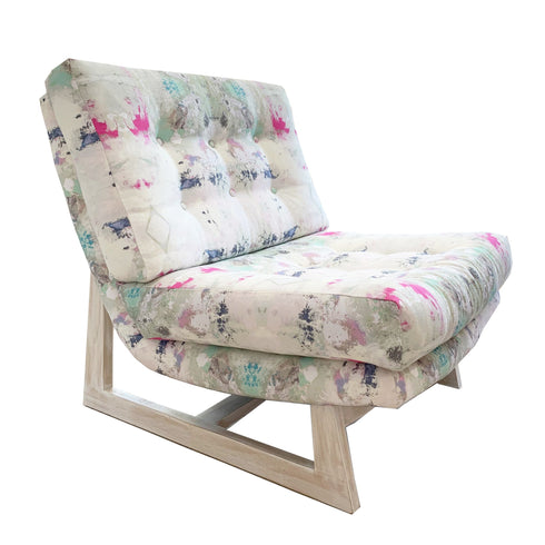 Studio Floor Linen Romeo Chair KR Furniture Collection. Super comfortable oversized and armless accent chairs in linen fabric for modern casual home decor with cherry wood frame, bleached white by Kerri Rosenthal