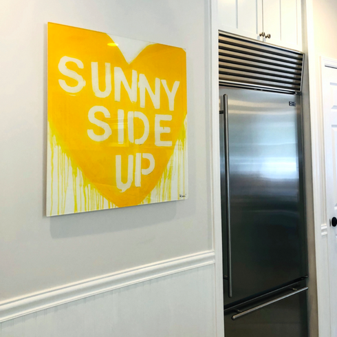 Sunny Side Up Drippy Heart yellow white word art print by Kerri Rosenthal - Unique artwork for living room wall decor