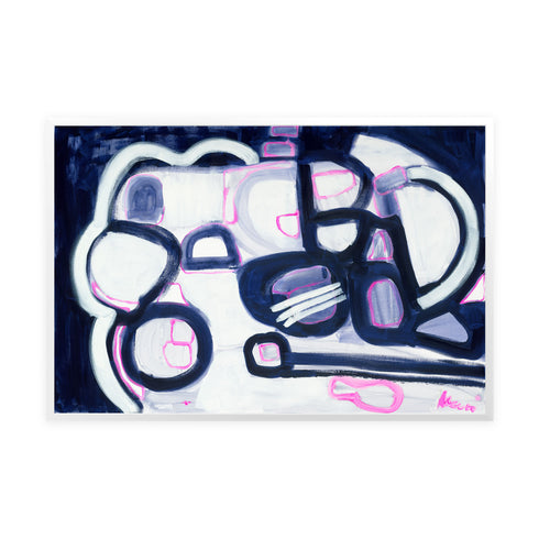 Take Me Around Your World indigo blue and pink art print by Kerri Rosenthal - Unique artwork for living room wall decor