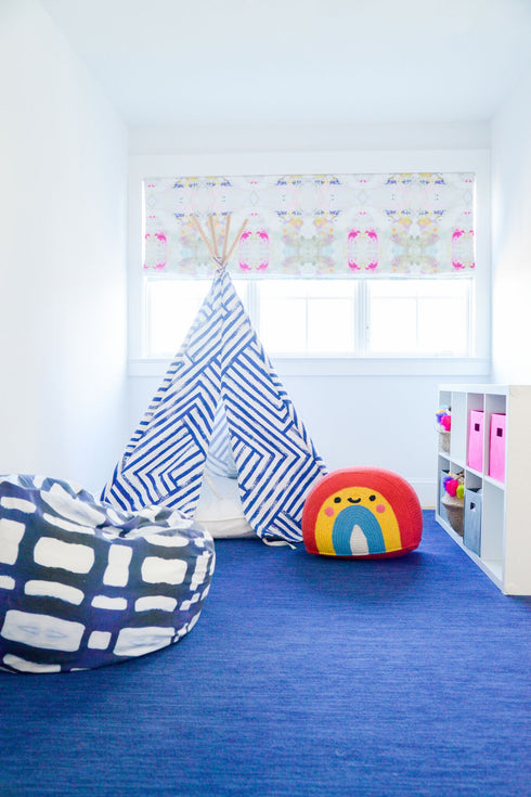 Soft Floor Block, Paper Puzzle indigo blue linen Ottoman by Kerri Rosenthal