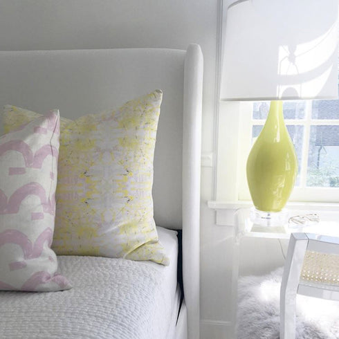 Tell Me Why Lemon yellow cute decorative square throw pillows for bedroom by Kerri Rosenthal