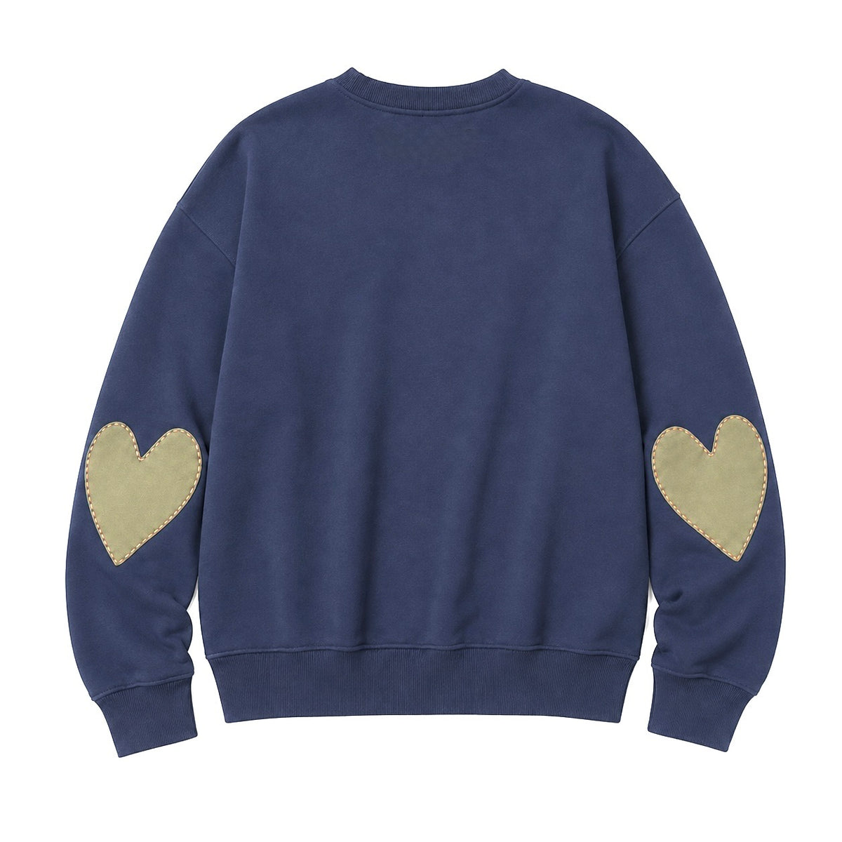 Kerri Rosenthal Ex-Boyfriend Sweatshirt in indigo blue cotton loop terry with Imperfect Heart elbow patches