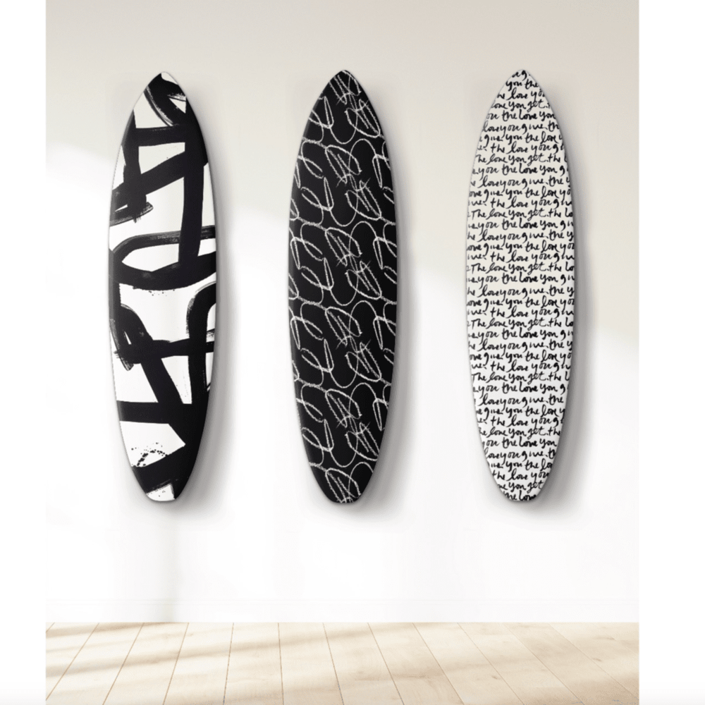 Modern nlack scribble wall decorative painted surfboards by kerri rosenthal