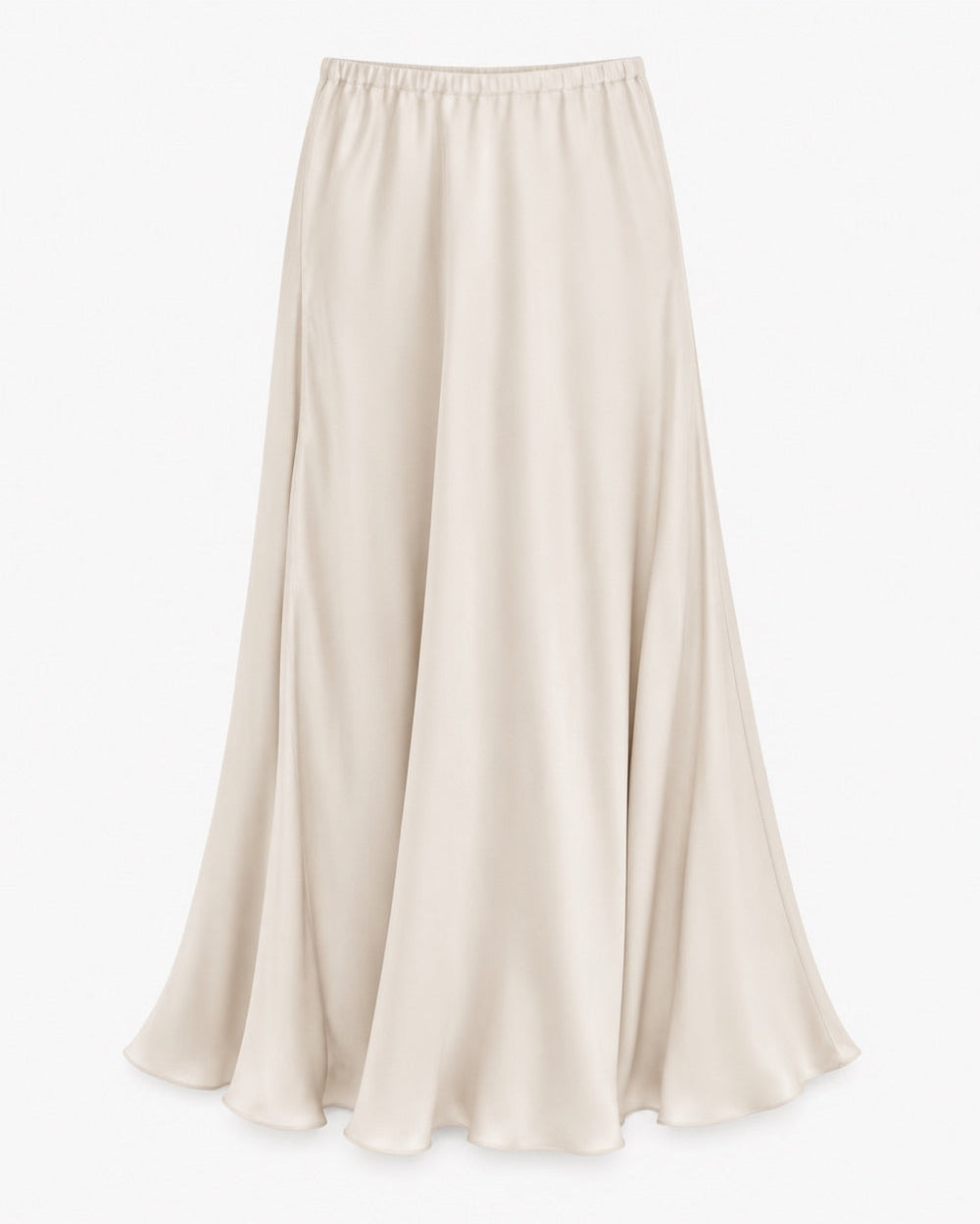 Flat view of the Ali Maxi Skirt in taupe satin with an elastic waistband