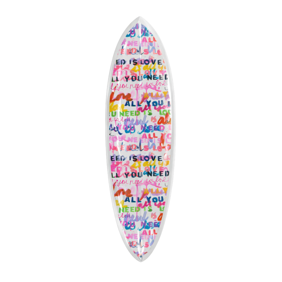 All You Need Is Love Surfboard, white board with colorful love typography by Kerri Rosenthal