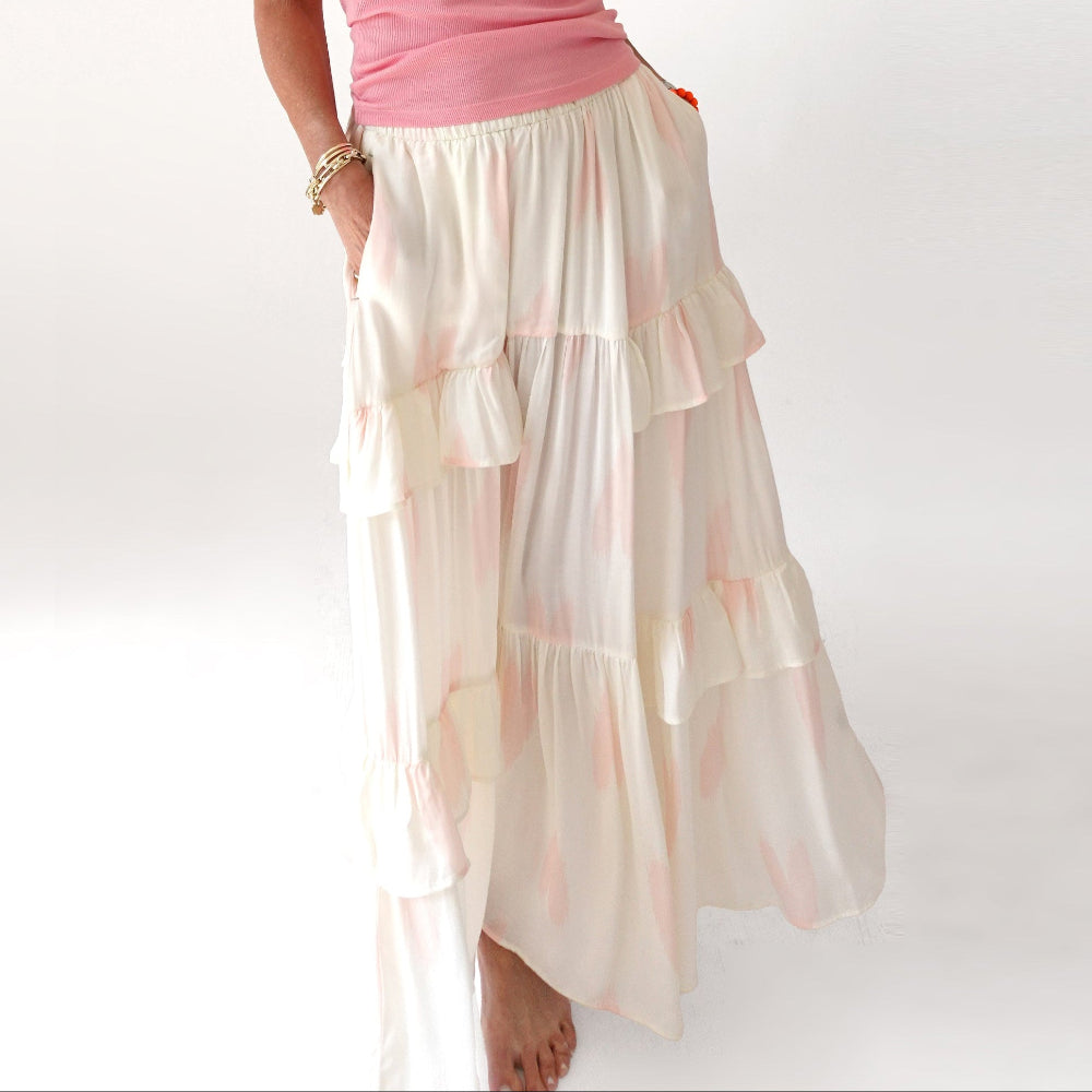 Athena satin cream maxi skirt with tiered ruffles - Shop women’s cute maxi ruffled skirts by Kerri Rosenthal.