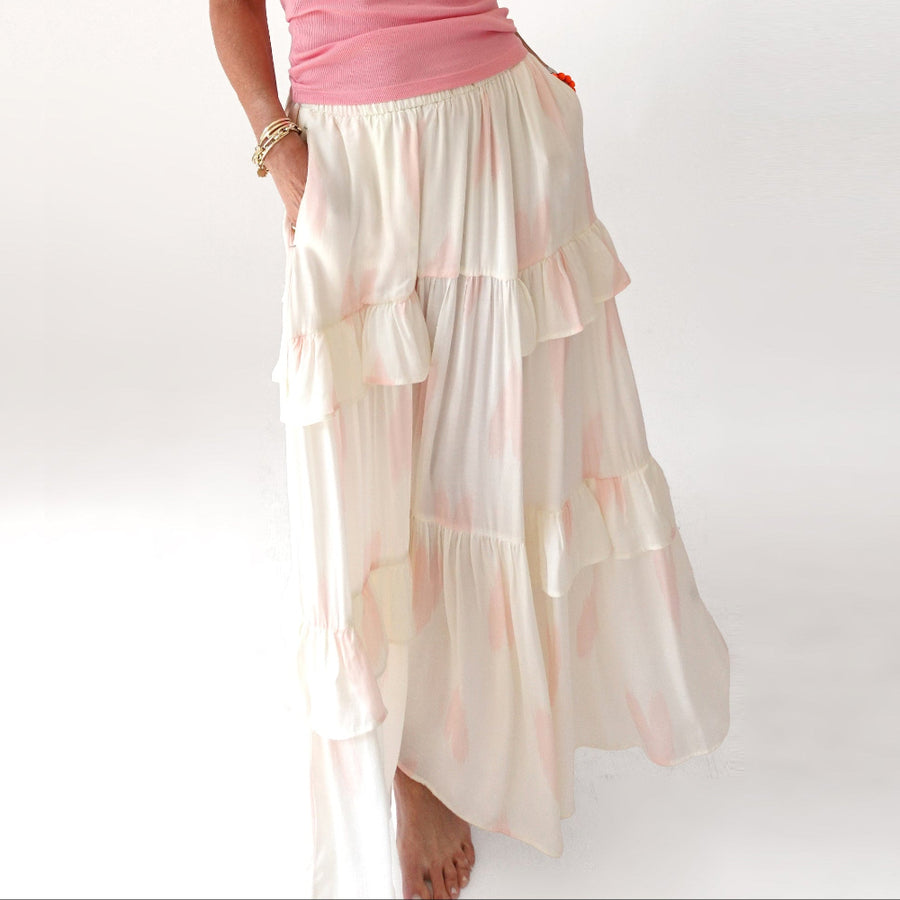 Athena satin cream maxi skirt with tiered ruffles - Shop women’s cute maxi ruffled skirts by Kerri Rosenthal.