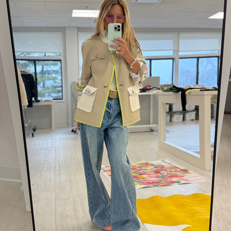 Barn beige blazer jacket in cotton blend with elbow patches and Kerri's paint-splat artwork by Kerri Rosenthal