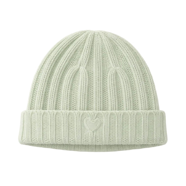 Flat view of the Winter Beanie in pistachio with a ribbed knit, foldover brim, and a small heart