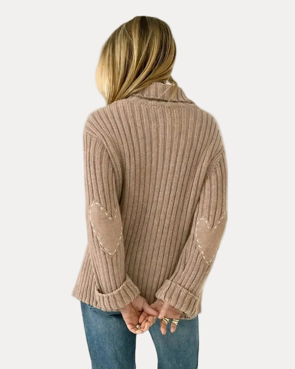 Back view of Kerri Rosenthal Brooklyn Girl Sweater Jacket showing ribbed knit and Imperfect Heart elbow patch detail