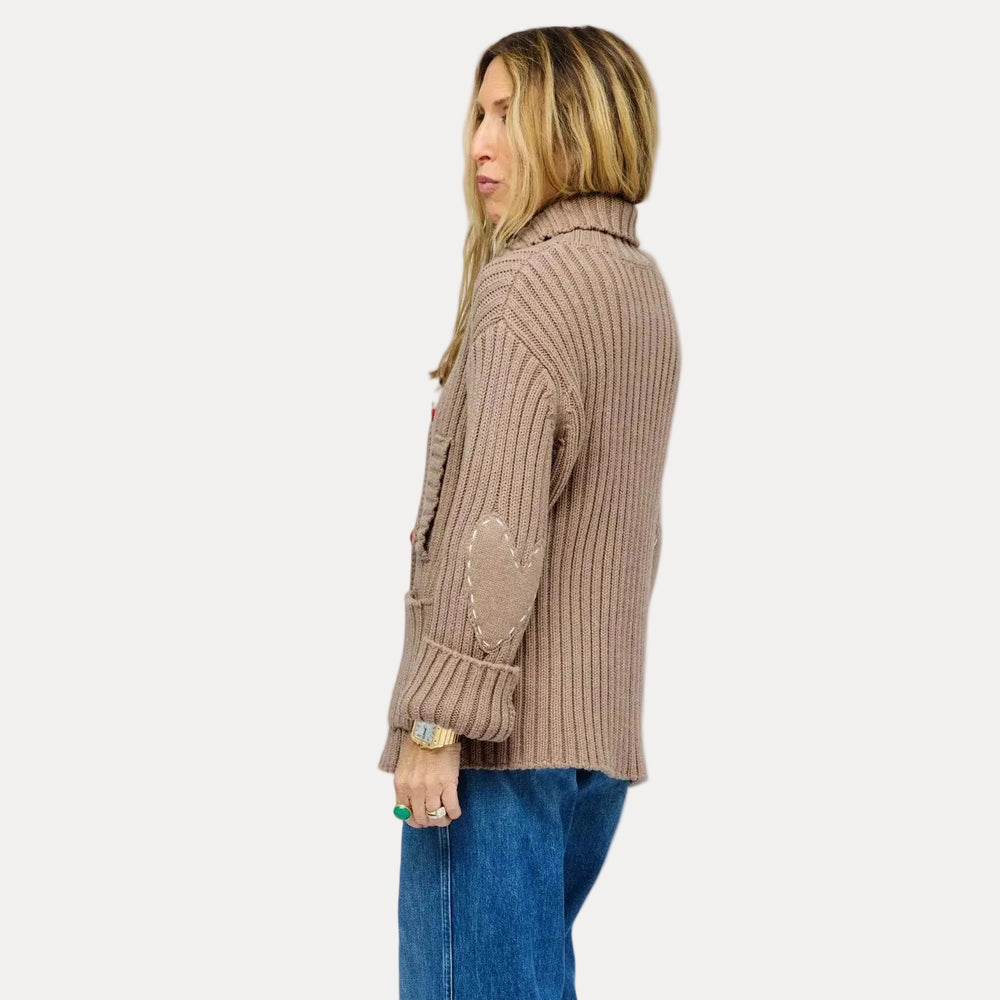 Side view of Kerri Rosenthal Brooklyn Girl Sweater Jacket showing ribbed knit and Imperfect Heart elbow patch detail
