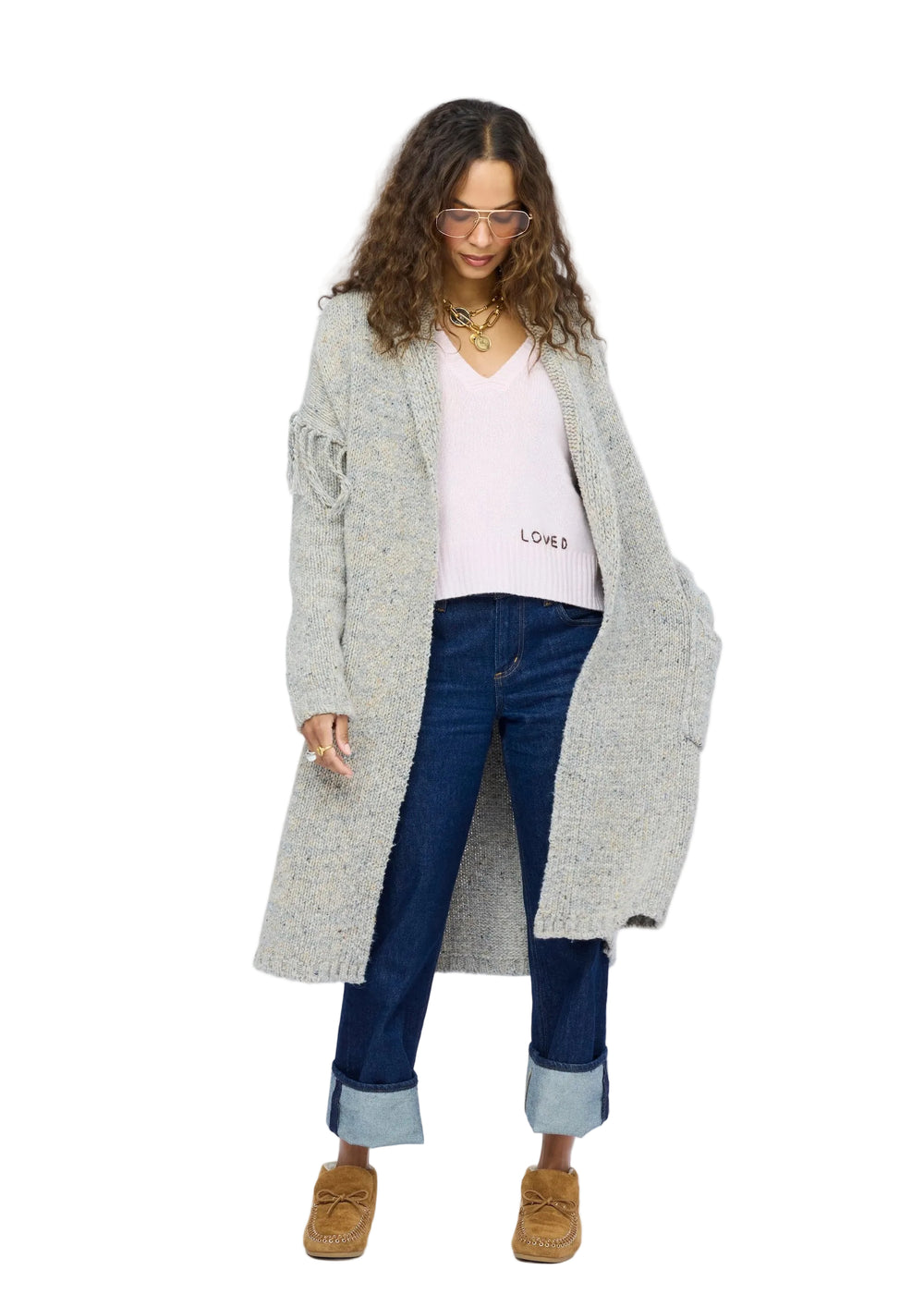 Kerri Rosenthal Cali Fringe Cardigan in smoke merino blend with fringed self-tie belt — shop women's cardigans by Kerri Rosenthal