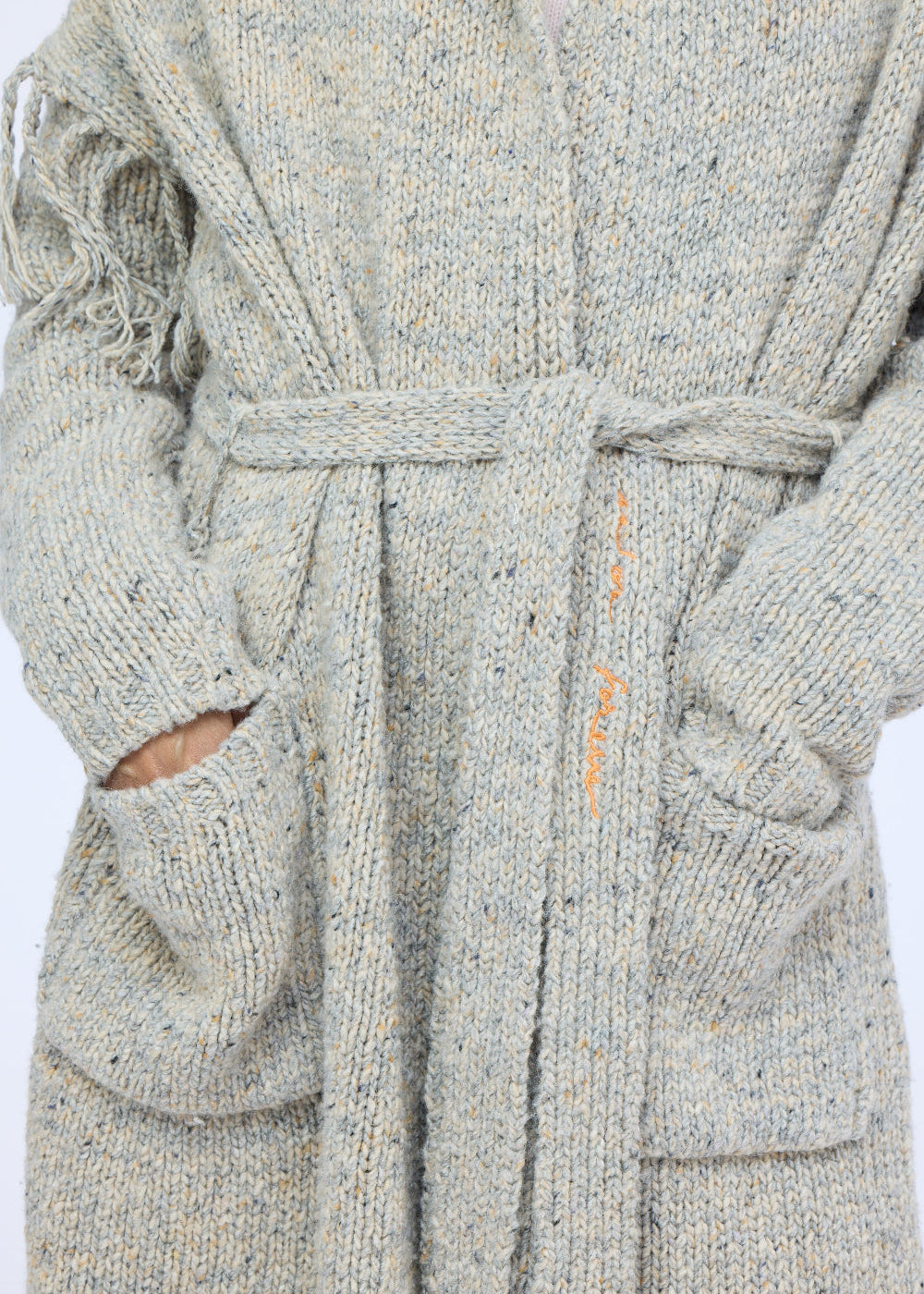 Kerri Rosenthal Cali Fringe Cardigan in smoke merino blend with fringed self-tie belt, view 2