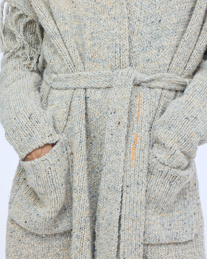 Kerri Rosenthal Cali Fringe Cardigan in smoke merino blend with fringed self-tie belt, view 2