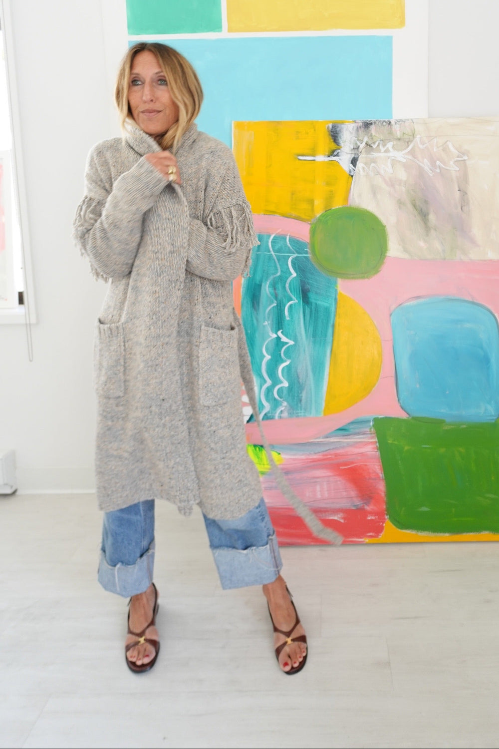 Kerri Rosenthal Cali Fringe Cardigan in smoke merino blend with fringed self-tie belt — shop women's cardigans by Kerri Rosenthal