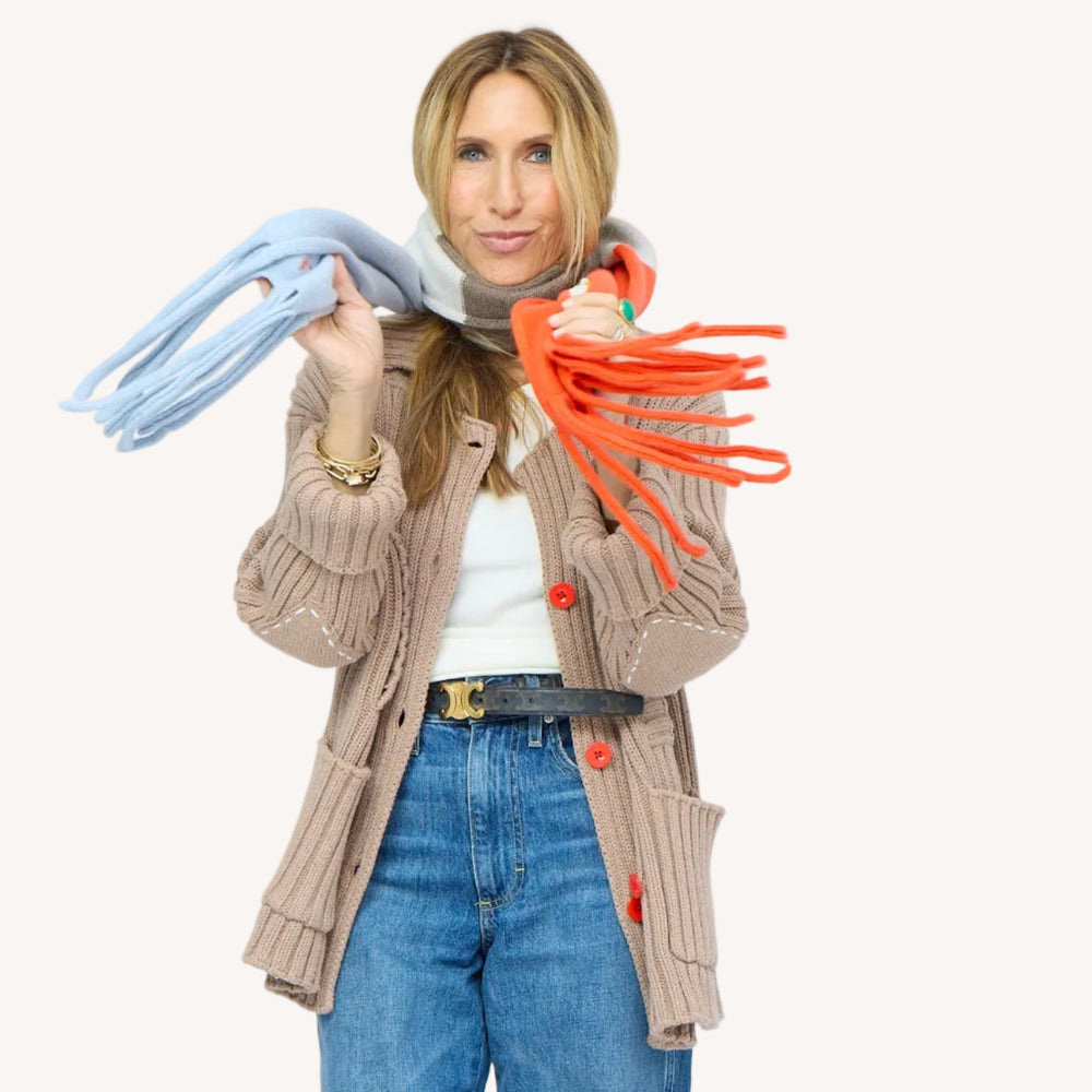 Kerri wearing Cashmere Color Block Scarf.