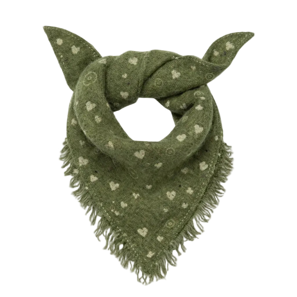 Kerri Rosenthal olive green cashmere bandana with cream heart print, knotted into a bow shape with fringe edges