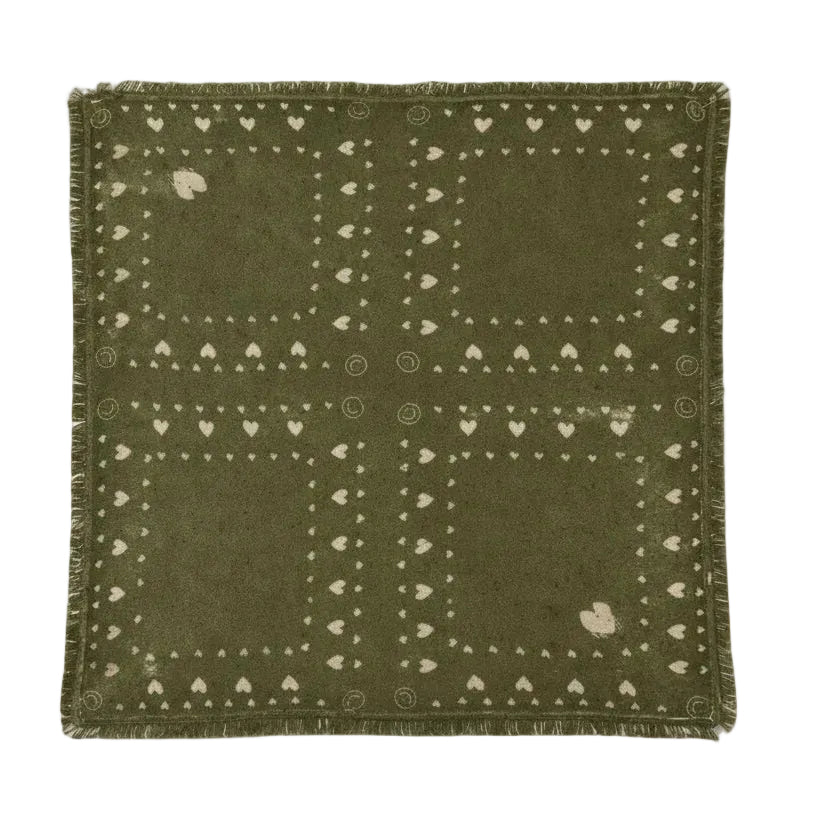 Kerri Rosenthal olive cashmere bandana flat lay showing full heart print pattern and fringe trim