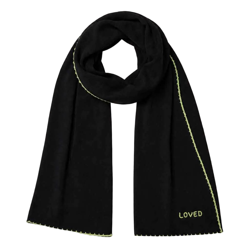 Cashmere Wrap in black with contrast whipstitching along the edge and "loved" on the bottom hem