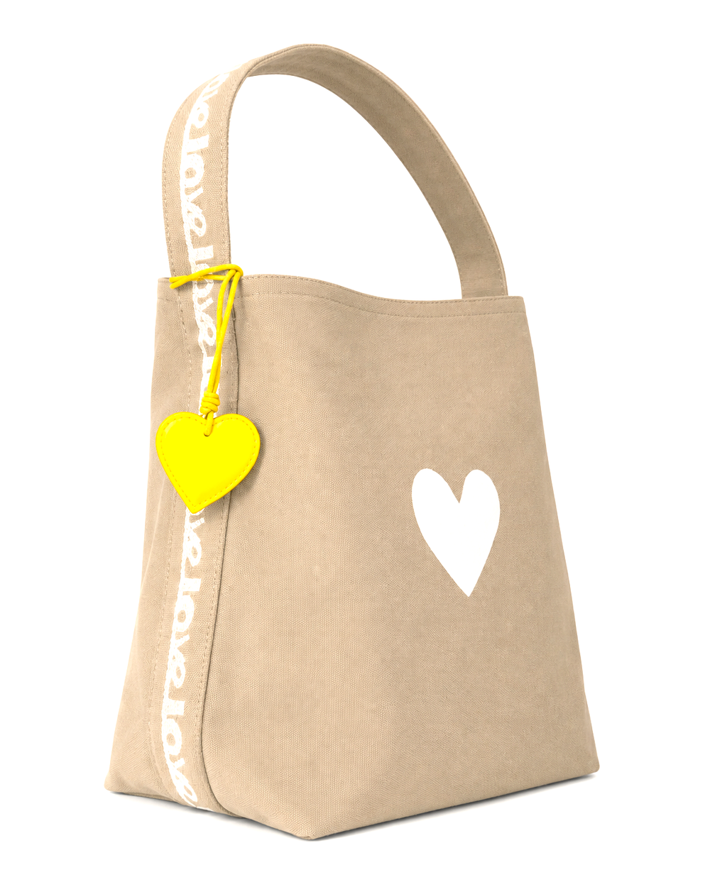 beige hobo bag with white heart on center.