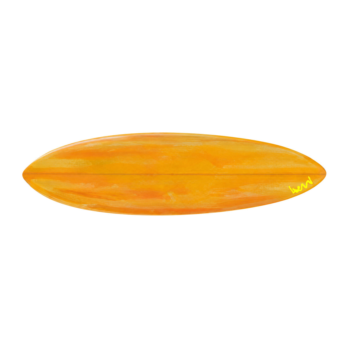 Clementine — hand-painted orange surfboard by Kerri Rosenthal, horizontal canvas in clementine orange, signed by Kerri
