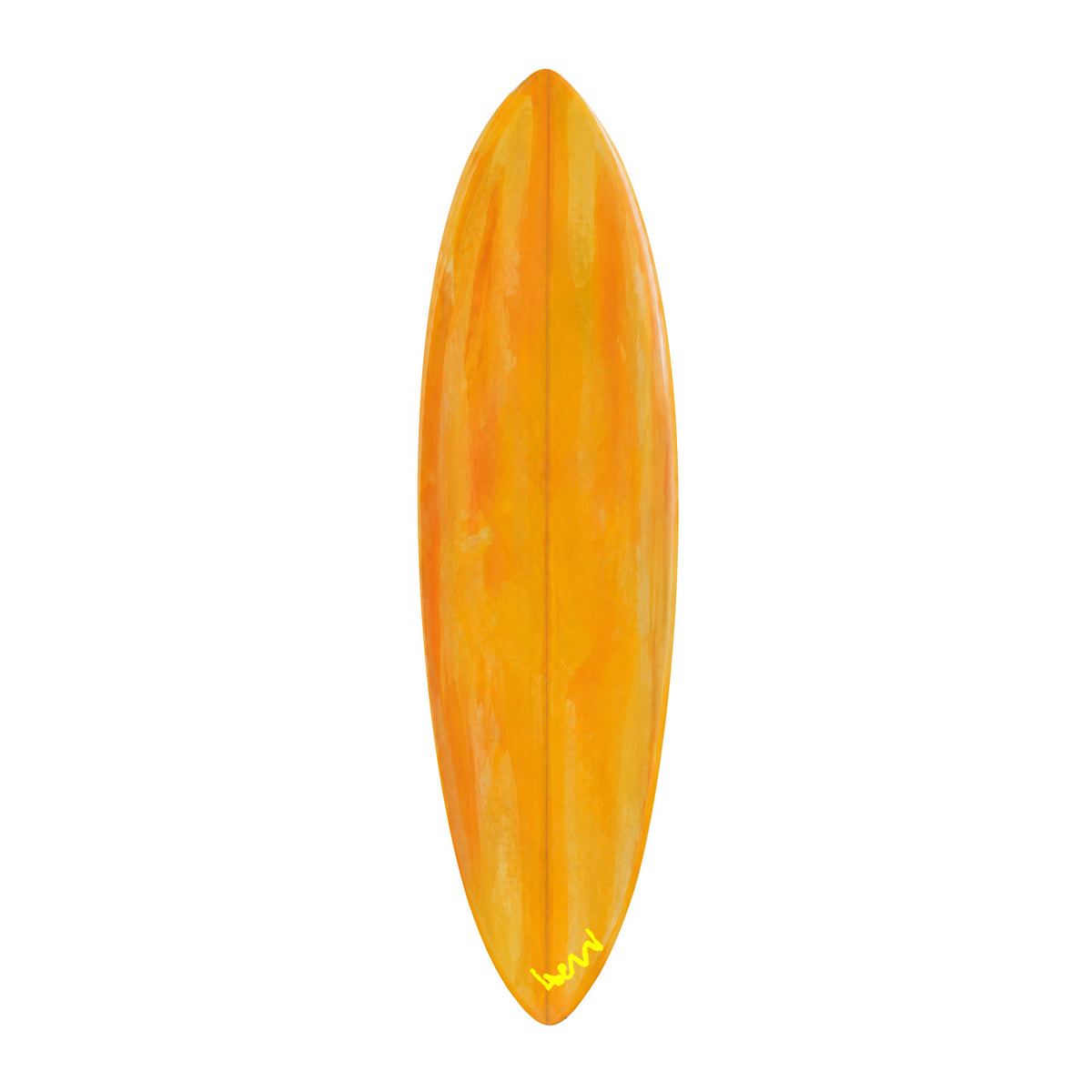 Clementine — hand-painted orange surfboard by Kerri Rosenthal, vertical canvas in clementine orange, signed by Kerri