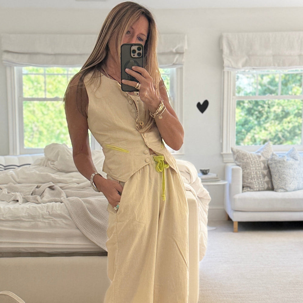 Coast sleeveless beige vest top in 100% cotton with palazzo pants - Shop women's cute vest tops & pants by Kerri Rosenthal