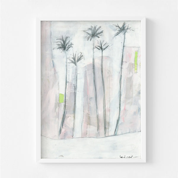 Cocktails At Sunset palm tree art print by Kerri Rosenthal in pastel tones