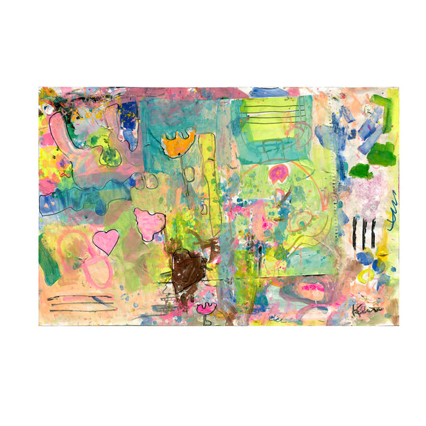 Kerri Rosenthal colorful abstract mixed-media painting with pastel greens, pinks, and yellows, layered with hand-drawn hearts, floral shapes, and gestural line details