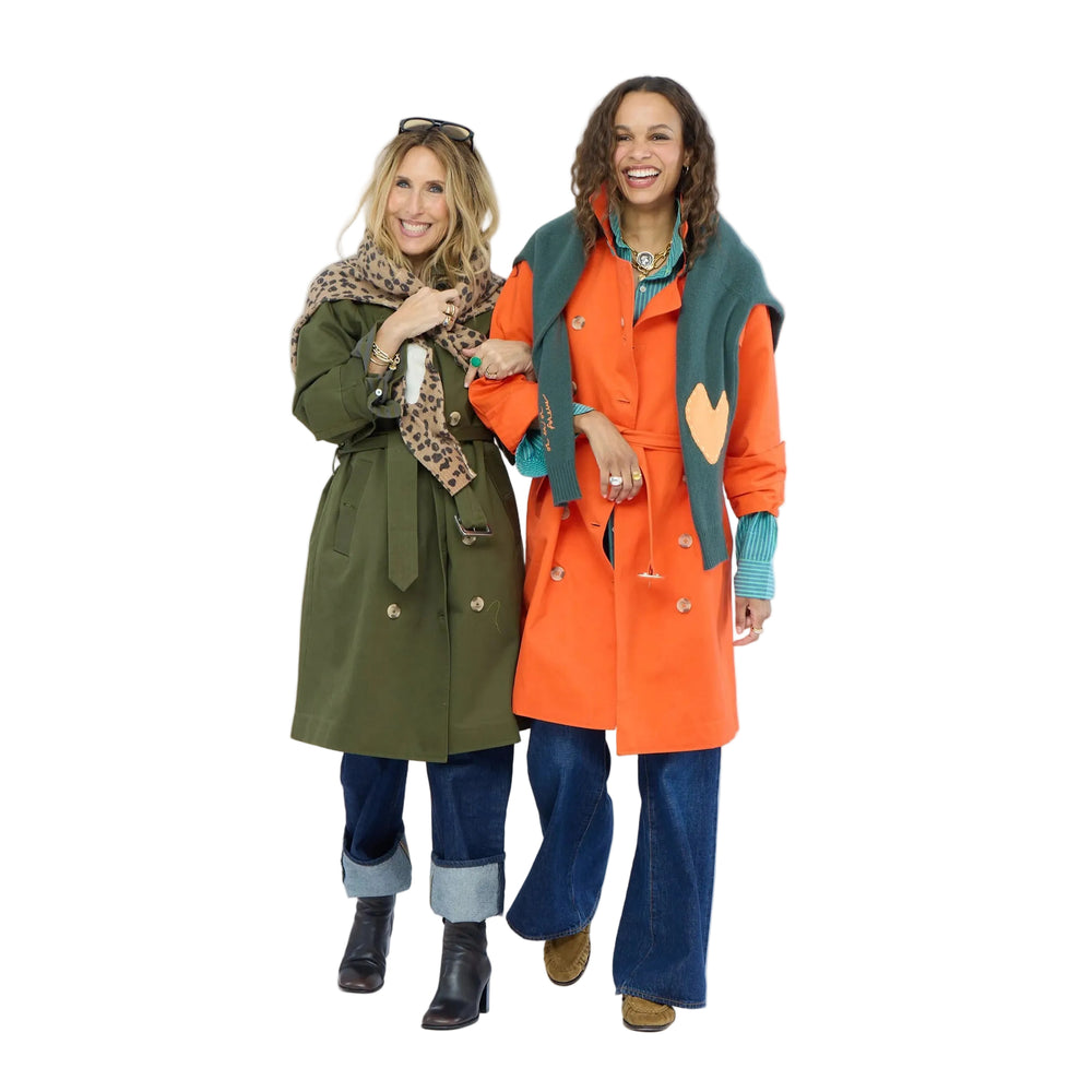 Kerri Rosenthal Color Washed Trench in tomato cotton twill, double-breasted and belted — shop women's outerwear by Kerri Rosenthal