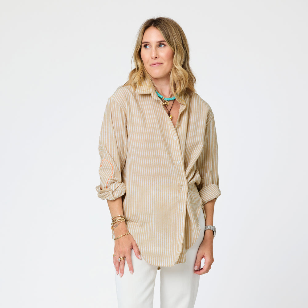 Button front beige stripe shirt in cotton linen - Shop women's cute  shirts by Kerri Rosenthal.