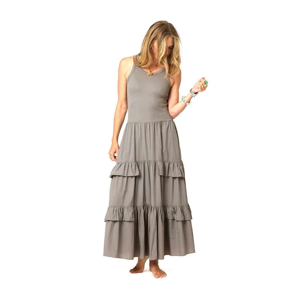 Athena grey ruffle midi dress in 100% cotton - Shop women's cute sleeveless midi dresses by Kerri Rosenthal.