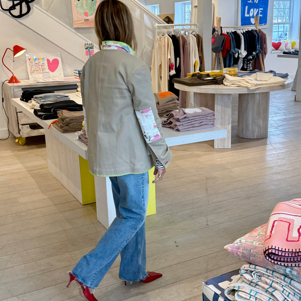 Barn beige blazer jacket in cotton blend with elbow patches and Kerri's paint-splat artwork by Kerri Rosenthal