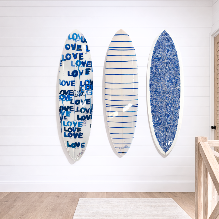 Decorative jayney denim blue surfboard in vibrant coastal charm to living room decor - Shop surfboards by Kerri Rosenthal