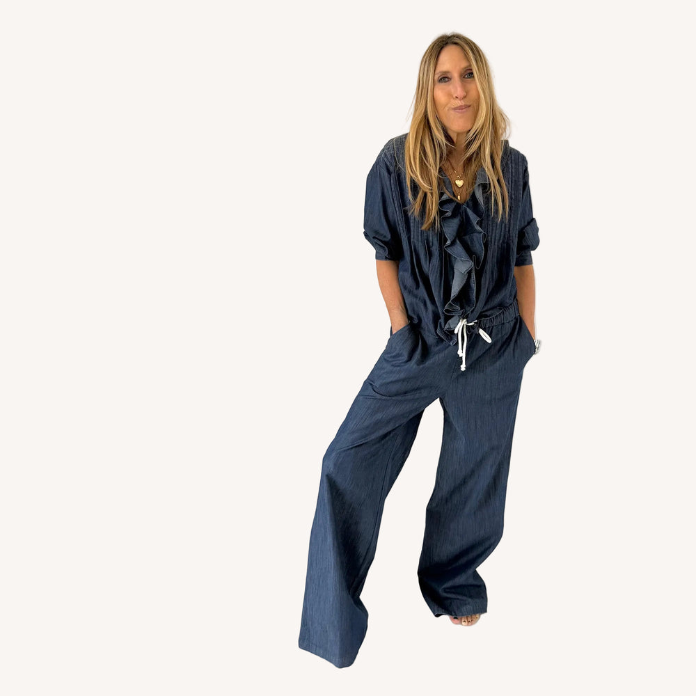 Denim blue palazzo pant in 100% lightweight chambray denim with an elastic waist - Shop women's cute palazzo pants by Kerri Rosenthal