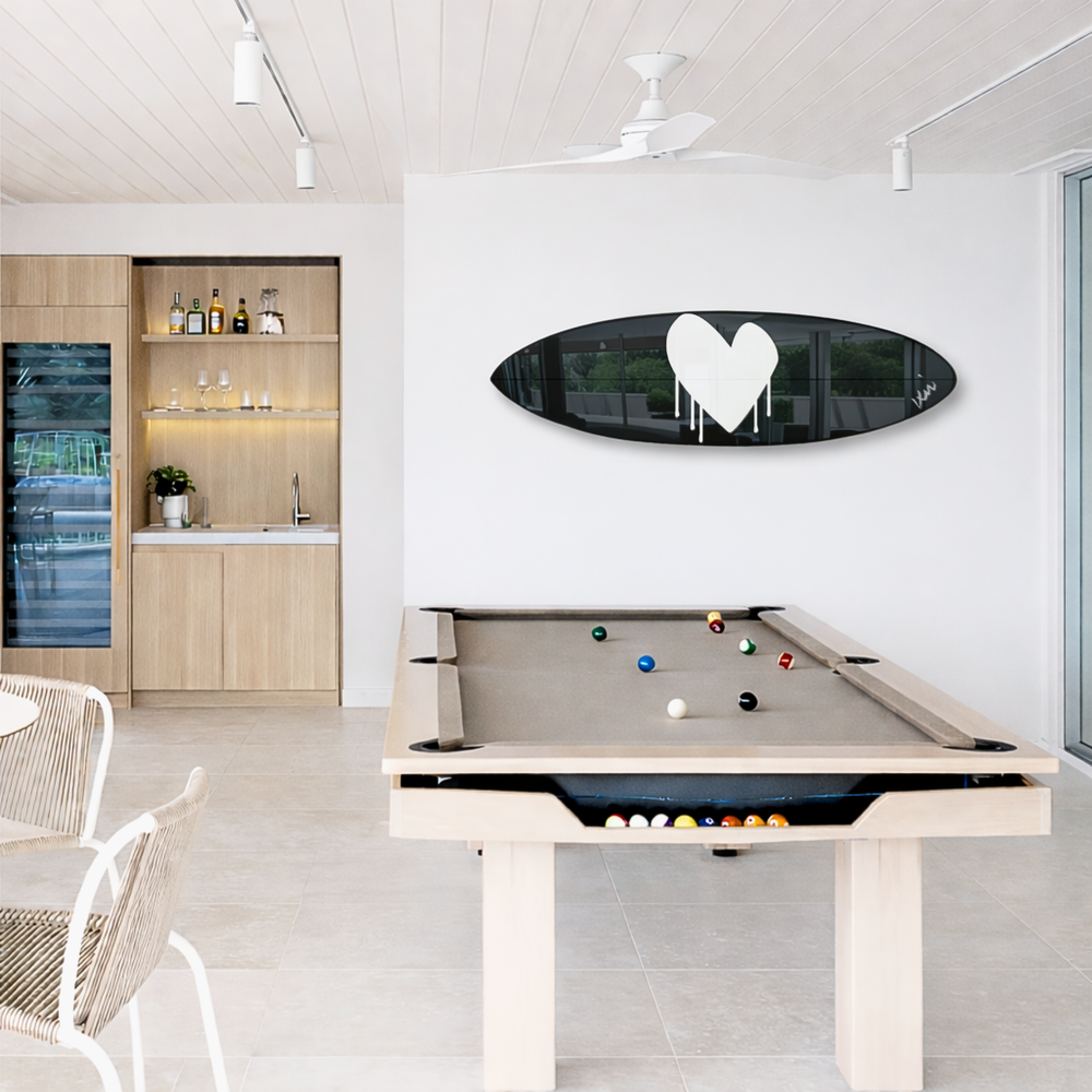 Black and white drippy heart wall decor surfboard  by Kerri Rosenthal