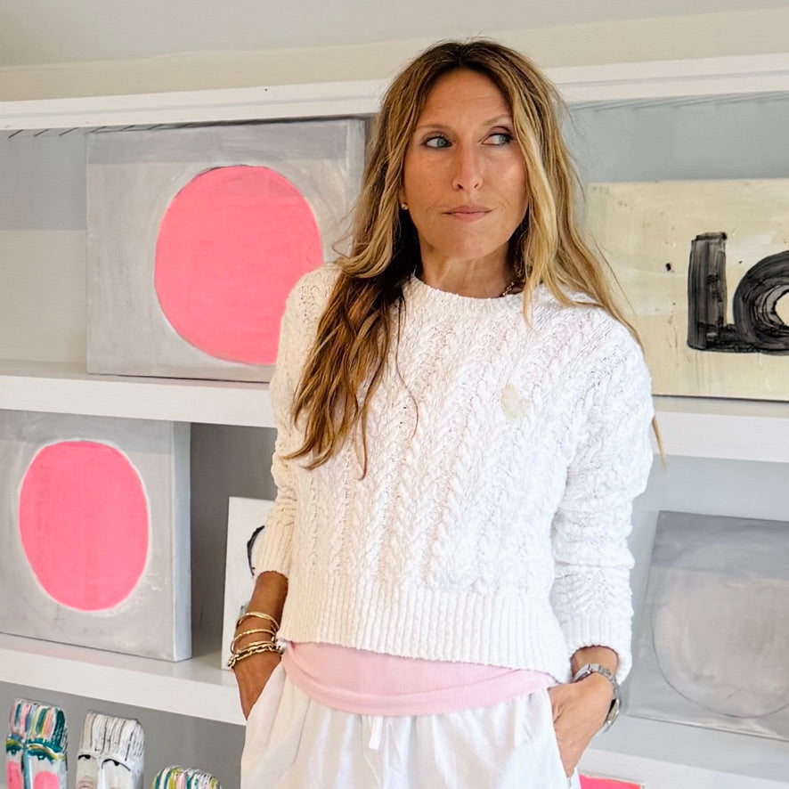 Kerri Rosenthal Dune Sweater in white cotton cable-knit with a hand-applied heart.