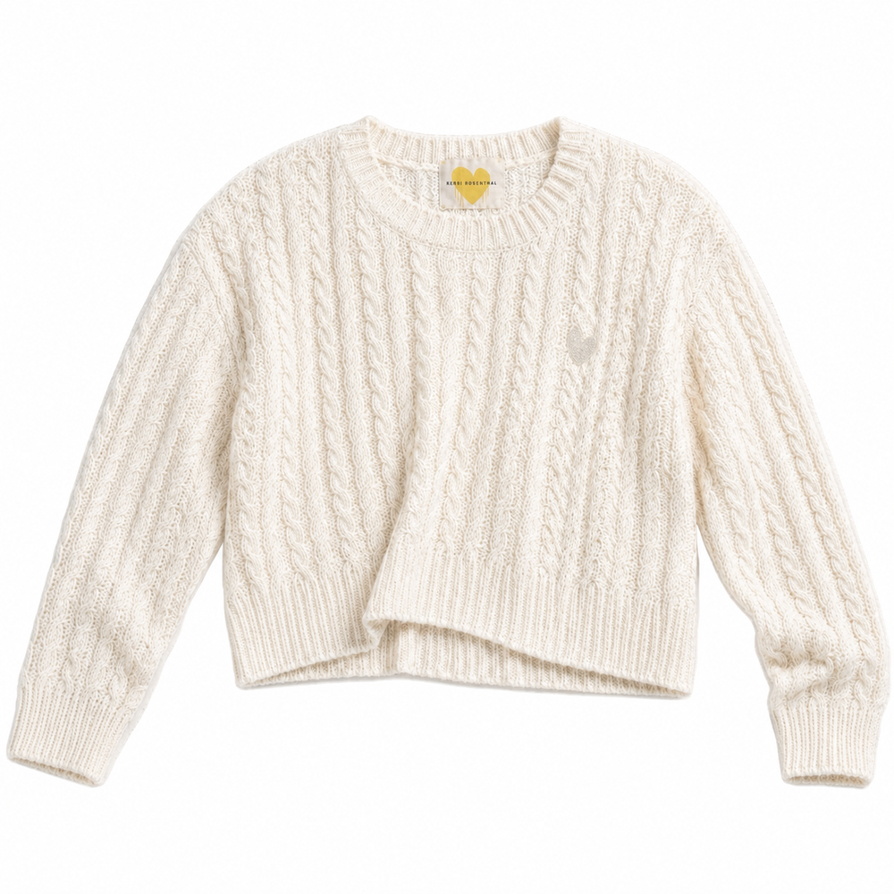 Kerri Rosenthal Dune Sweater in white cotton cable-knit with a hand-applied heart flat lay