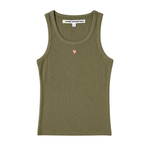 Flat lay of KR ribbed cotton blend army green tank top with a contrast embroidered heart - Cute women's tank tops by Kerri Rosenthal