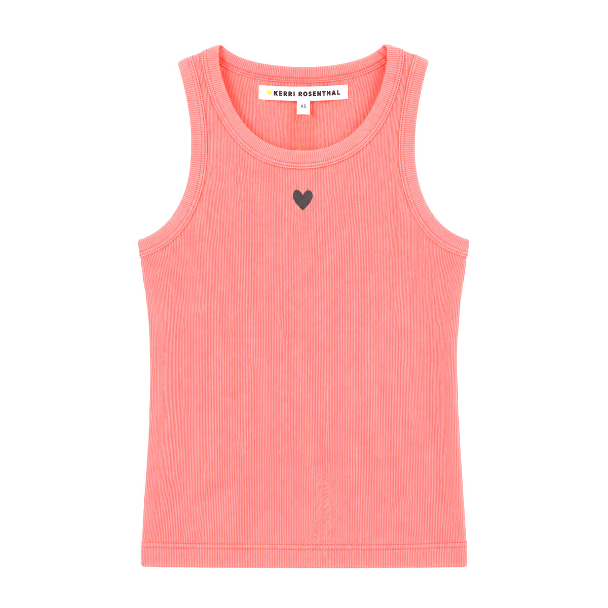 Flat lay of KR ribbed cotton blend pink tank top with a contrast embroidered heart - Cute women's tank tops by Kerri Rosenthal
