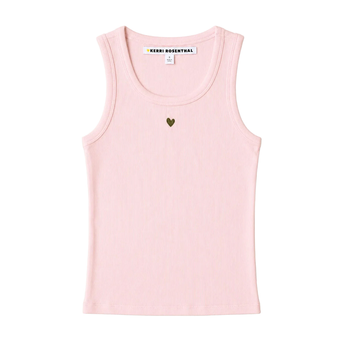 Flat lay of KR ribbed cotton blend pale pink tank top with a contrast embroidered heart - Cute women's tank tops by Kerri Rosenthal