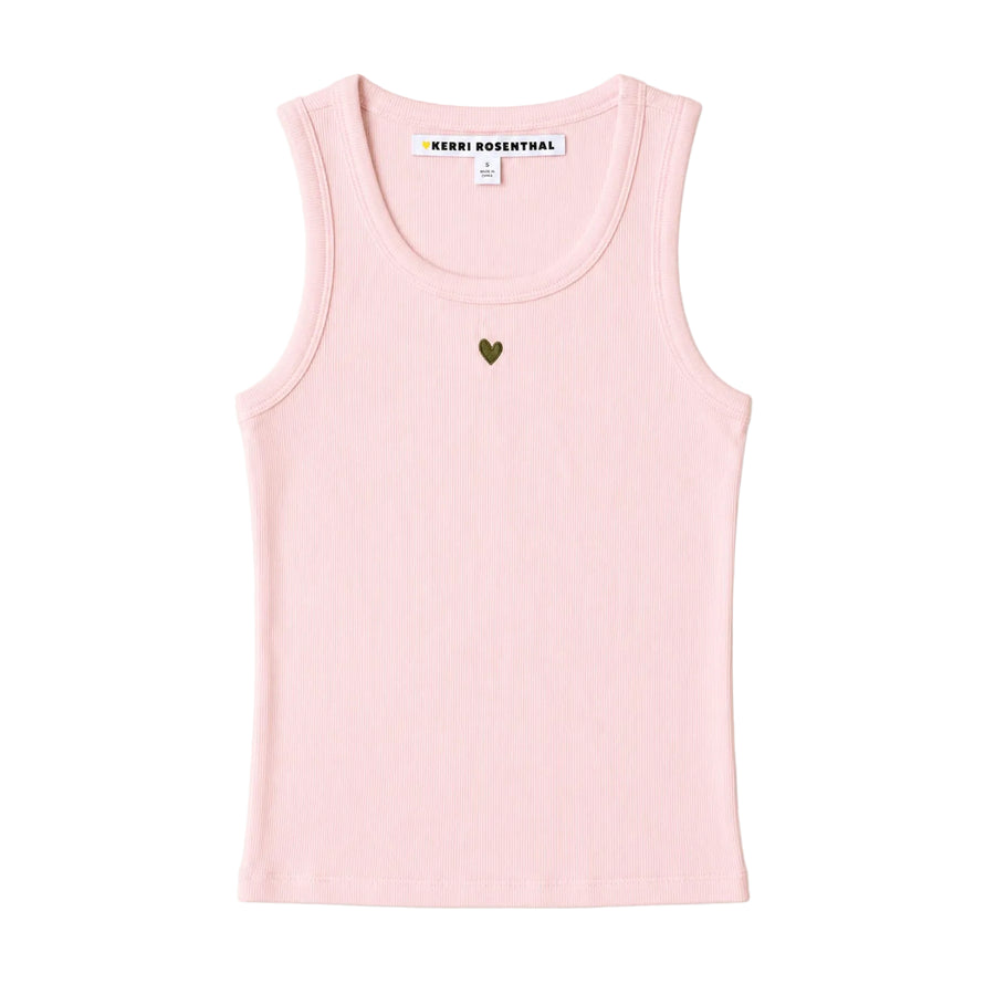 Flat lay of KR ribbed cotton blend pale pink tank top with a contrast embroidered heart - Cute women's tank tops by Kerri Rosenthal
