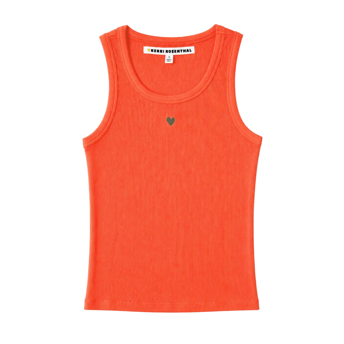 Flat lay of KR ribbed cotton blend red-orange tank top with a contrast embroidered heart - Women's tank tops by Kerri Rosenthal
