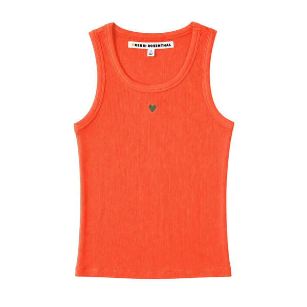 Flat lay of KR ribbed cotton blend red-orange tank top with a contrast embroidered heart - Women's tank tops by Kerri Rosenthal