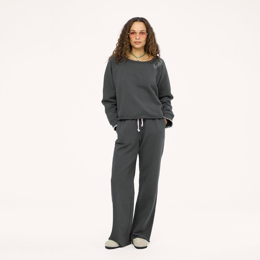 Weekend barb coal sweatpant made from 100% cotton with embroidered heart patch and coal studio sweatshirt with 'loved' embroidered- Flattering women's sweatpants by Kerri Rosenthal