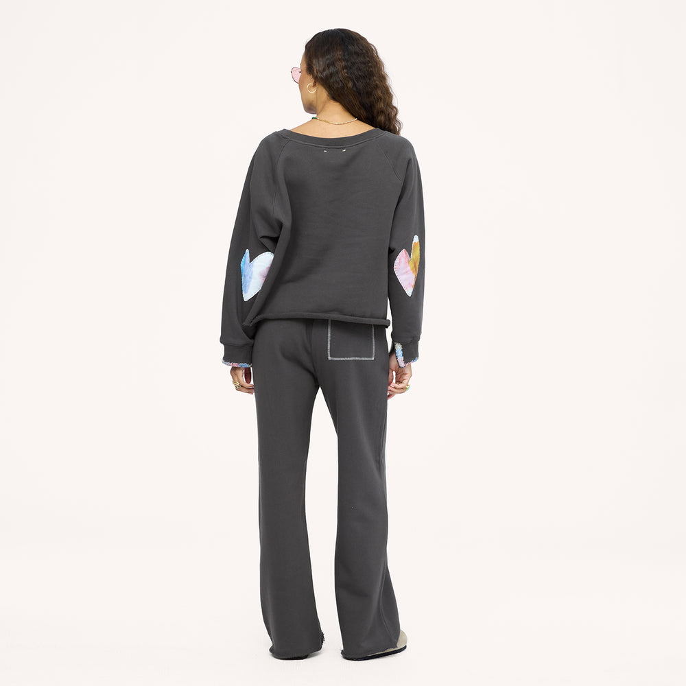 Weekend barb coal sweatpant made from 100% cotton with embroidered heart patch and patchwork studio sweatshirt - Chic women's sweatpants by Kerri Rosenthal